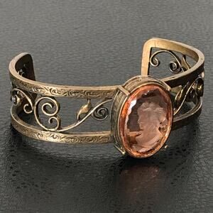 Extasia Signed Cut Glass Victorian Cameo Cuff Bracelet Bronze Copper Filigree